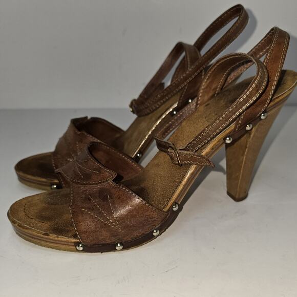 Vintage Italian Leather Wooden Heel Slingback Clog Sandals Studded Brown Size 7 - Picture 5 of 10